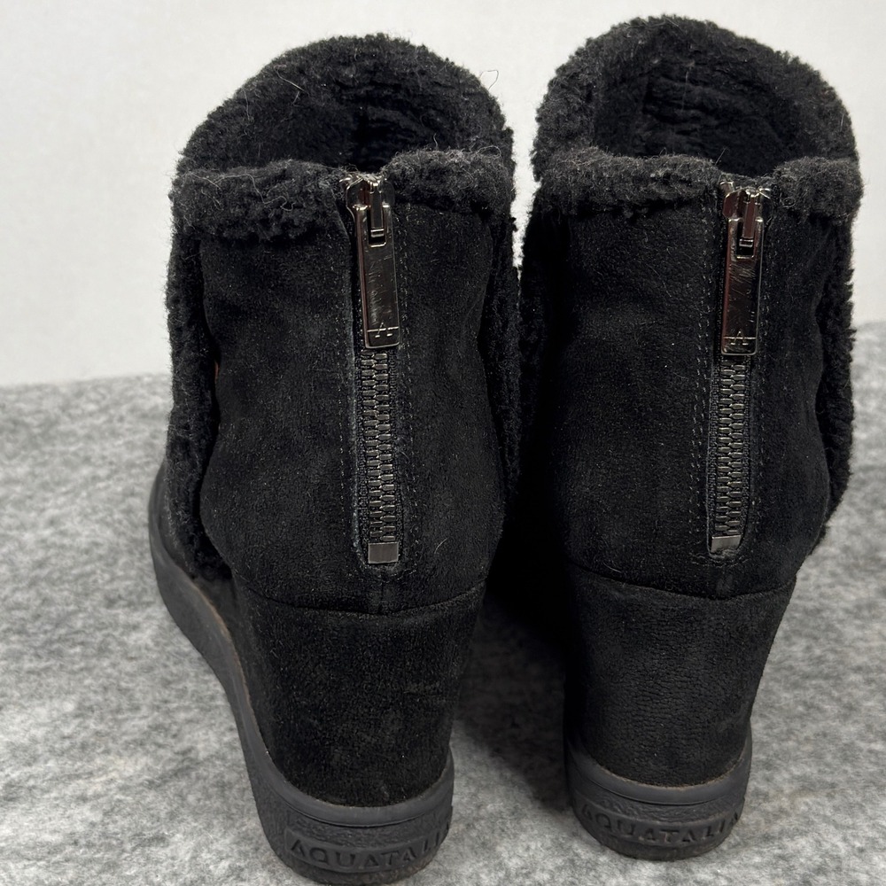 Aquatalia Ankle Boots Womens 8 Black Suede Shearling Faux Fur Trim Wedge Booties - Picture 4 of 11